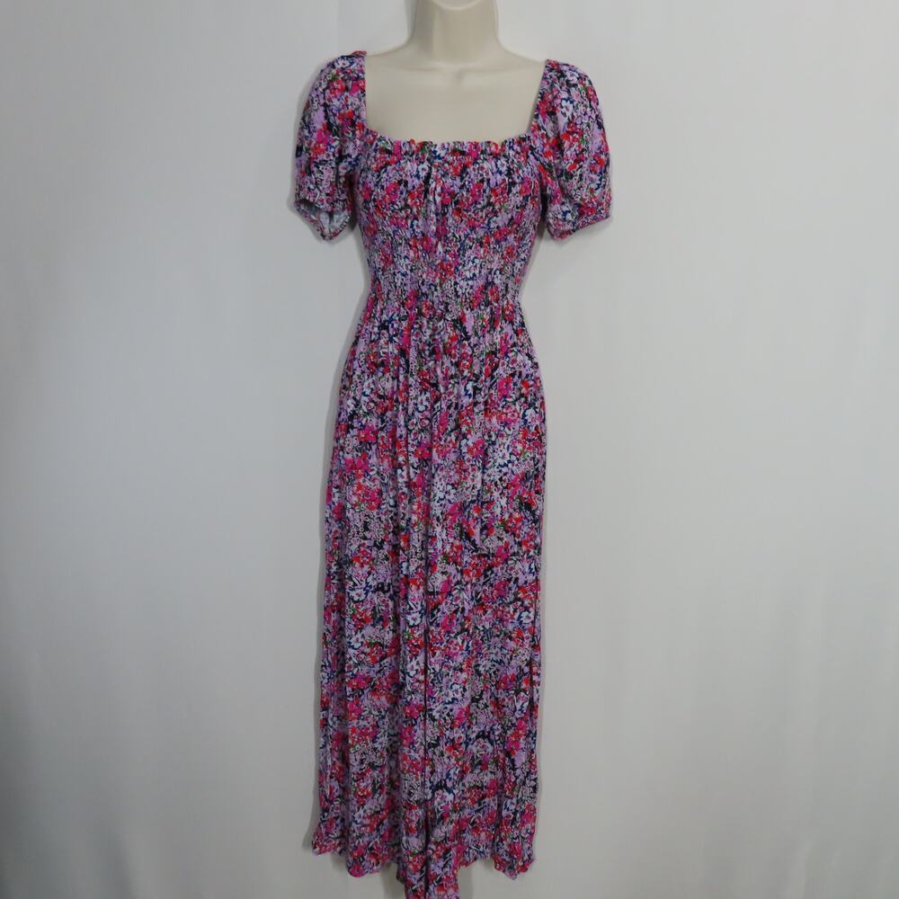 Yumi Kim Floral Smocked Lilac Camila Jumpsuit Short Puffy Sleeves Size Small